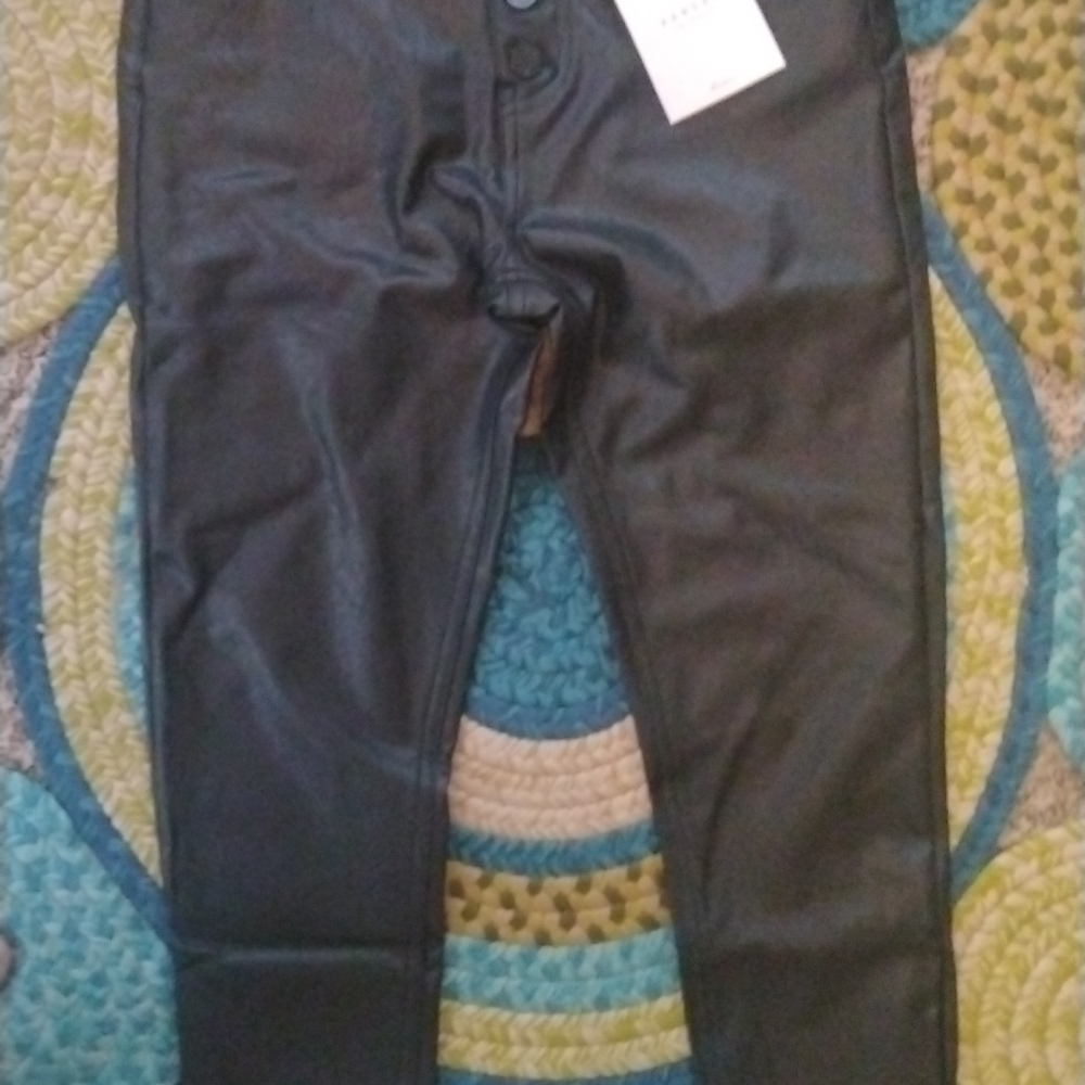 FAUX LEATHER KANKAN SKINNY JEANS, BLACK COATED BUTTON FLY WITH SIDE ANKLE ZIPPER